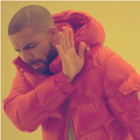 the rapper drake in a red puffa jacket shying away from something that looks bad