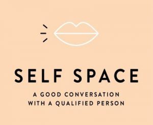 Self Space logo on an orange background. The logo is an illustration of a mouth with some speech marks and has written underneath "A good conversation with a qualified person"