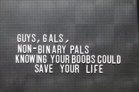 A black pinboard reading 'guys, gals, non-binary pals knowing your boobs could save your life'