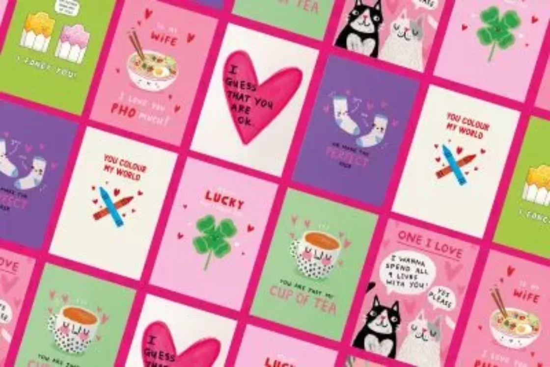 A collage of Scribbler x CoppaFeel! valentines day cards 2023 on a pink background