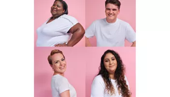 An image of 4 different individuals on a pink background and wearing white t-shirts that were involved in the Asda Tickled Pink 'The Real Self-Checkout' campaign 2022