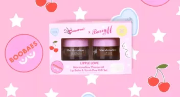 An image of a CoppaFeel! x Barry M lipple love, marshmallow flavoured lip balm and lip scrub gift set on a pink background with star and cherry sticker decals