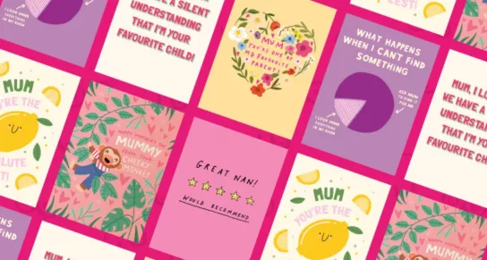 A selection of Scribbler's mothers day cards on a pink background