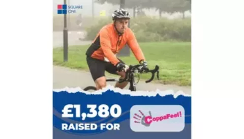 A Square One team member completing a bike ride challenge for CoppaFeel! with text overlay of '£1,380 raised for CoppaFeel!'