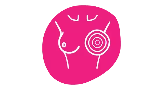 A pink and white illustration of a chest with several circles around one nipple signifying pain