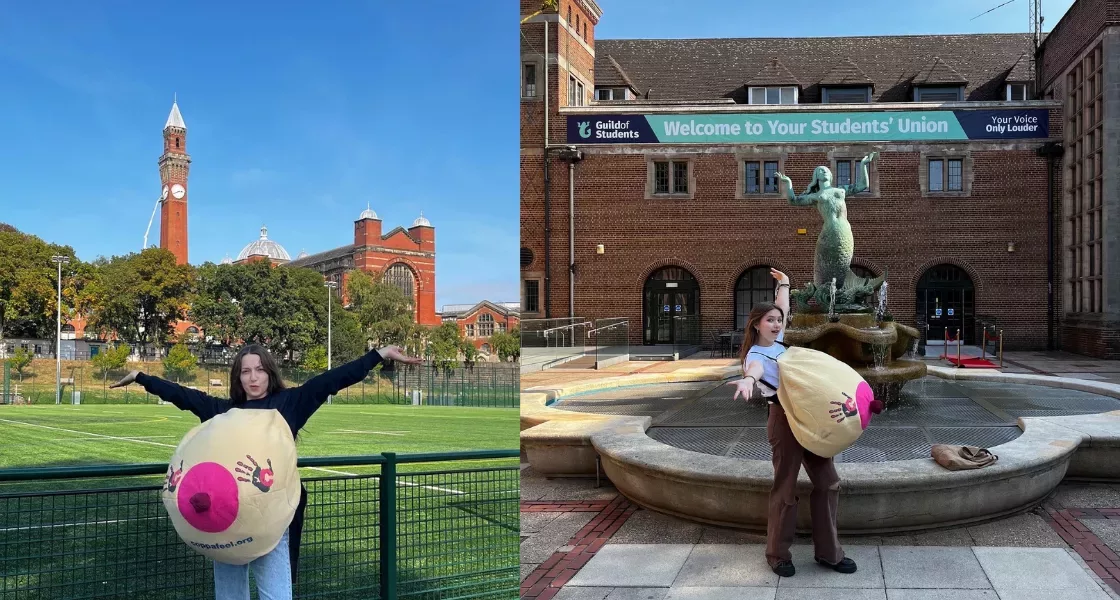 Two women stood outdoors with their hands in the air wearing CoppaFeel! boob suits