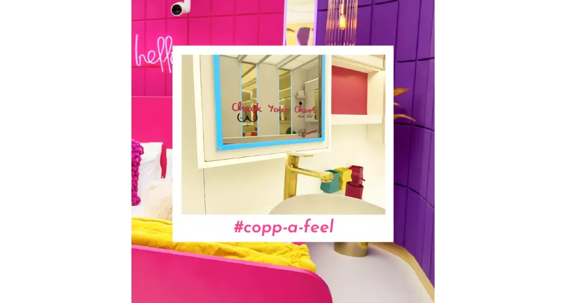 Love Island CoppaFeel! check your chest sticker shown on a bathroom in the Love Island villa