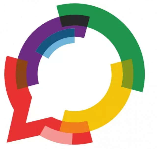 OUTpatients logo. Speech bubble with sections in rainbow colours to reflect the Pride flag.