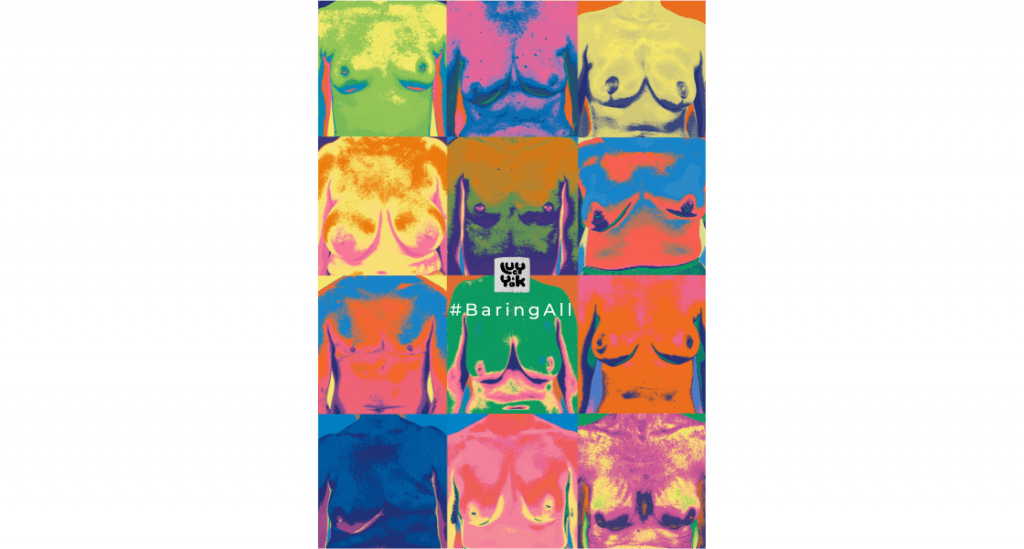 A mix of different types of boobs, chests and pecs, all shown on. different body types in a pop art style. In the middle sits the Lucy & Yak logo with the text '#BaringAll'