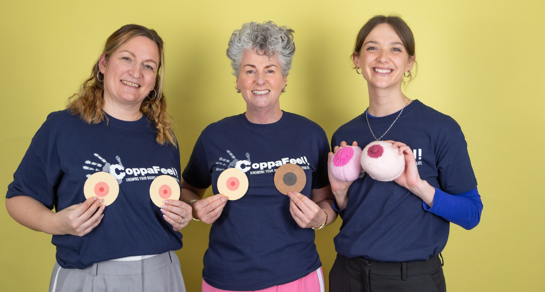 A picture shower 3 women standing in front of a yellow backdrop wearing CoppaFeel! Tshirts and holding boob shaped objects in front of their chests | Absolute Collagen x CoppaFeel! 2024